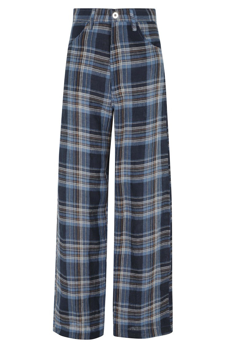 Marbell Blue Courtney Check Checkered Linen-Blend Pants