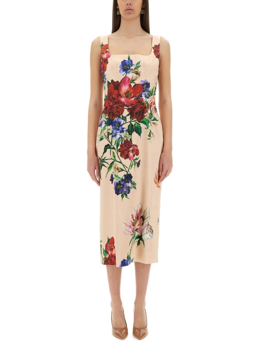 Dolce & Gabbana Flower Print Satin Sheath Longuette Dress