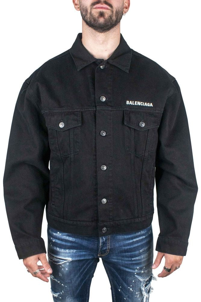 Balenciaga Cropped Black Denim Jacket With Flap Pockets
