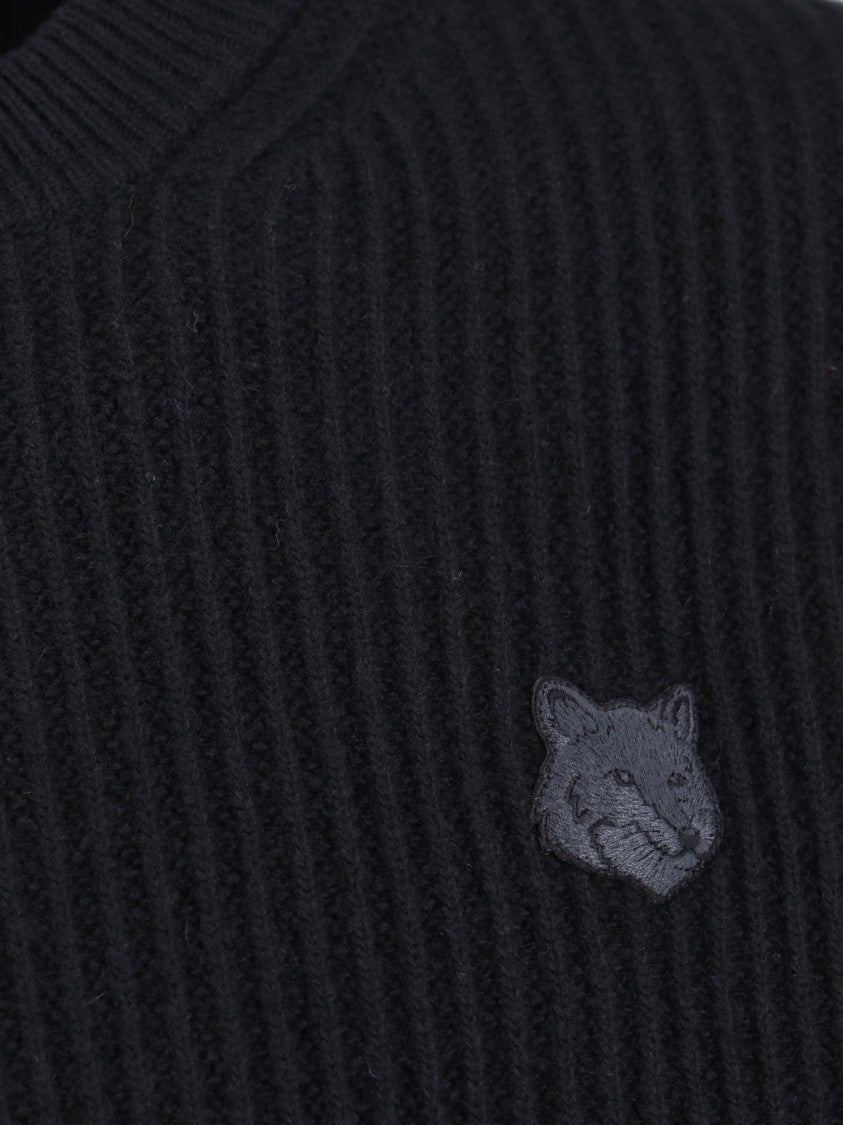Maison Kitsuné Ribbed Knit Sweater With Cropped Fit And Embroidered Emblem