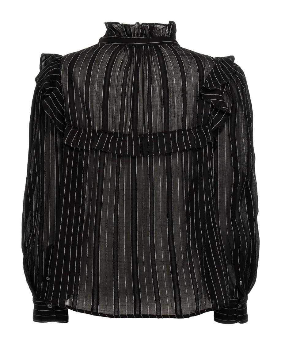 Isabel Marant Vertical Pinstripe Long-Sleeve Shirt With High Ruffled Collar