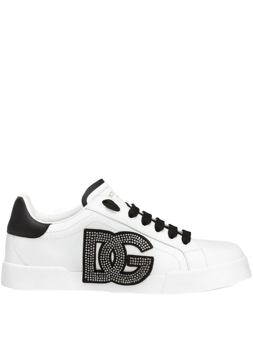 Dolce & Gabbana White Low-Top Leather Rhinestone Logo Sneakers