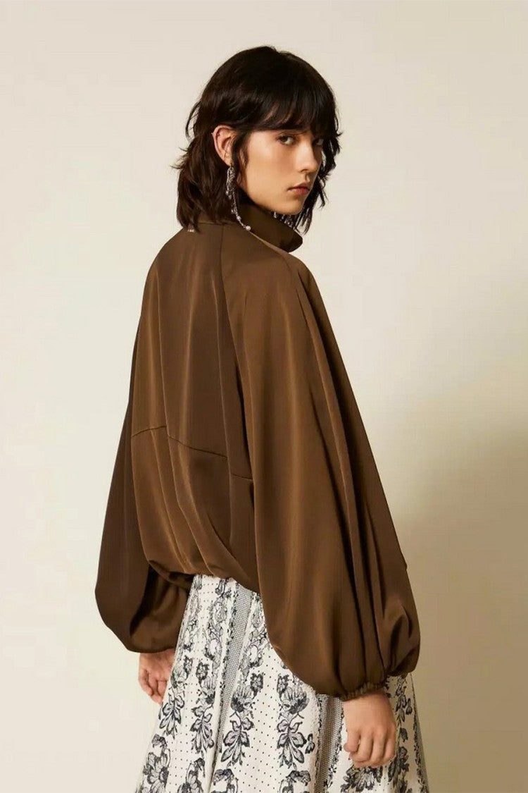 Twin-Set Brown Stand Collar Balloon Sleeve Polyester Bomber Jacket