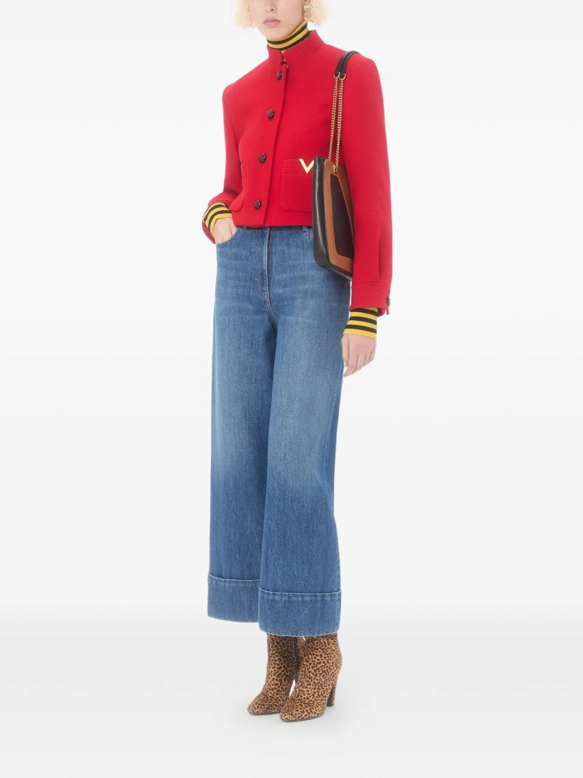 Valentino Medium Blue Wide-Leg Cuffed Denim Jeans