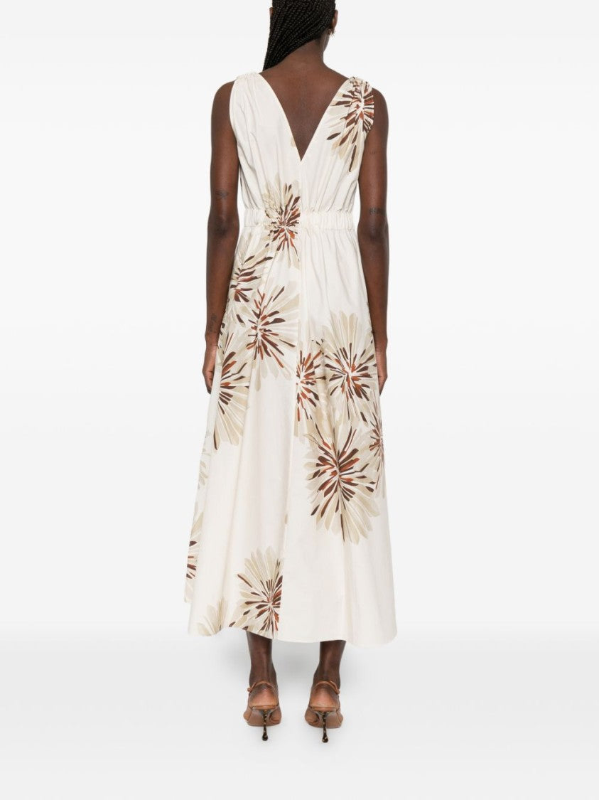 Brunello Cucinelli White Brown Floral Print Cotton Midi Dress