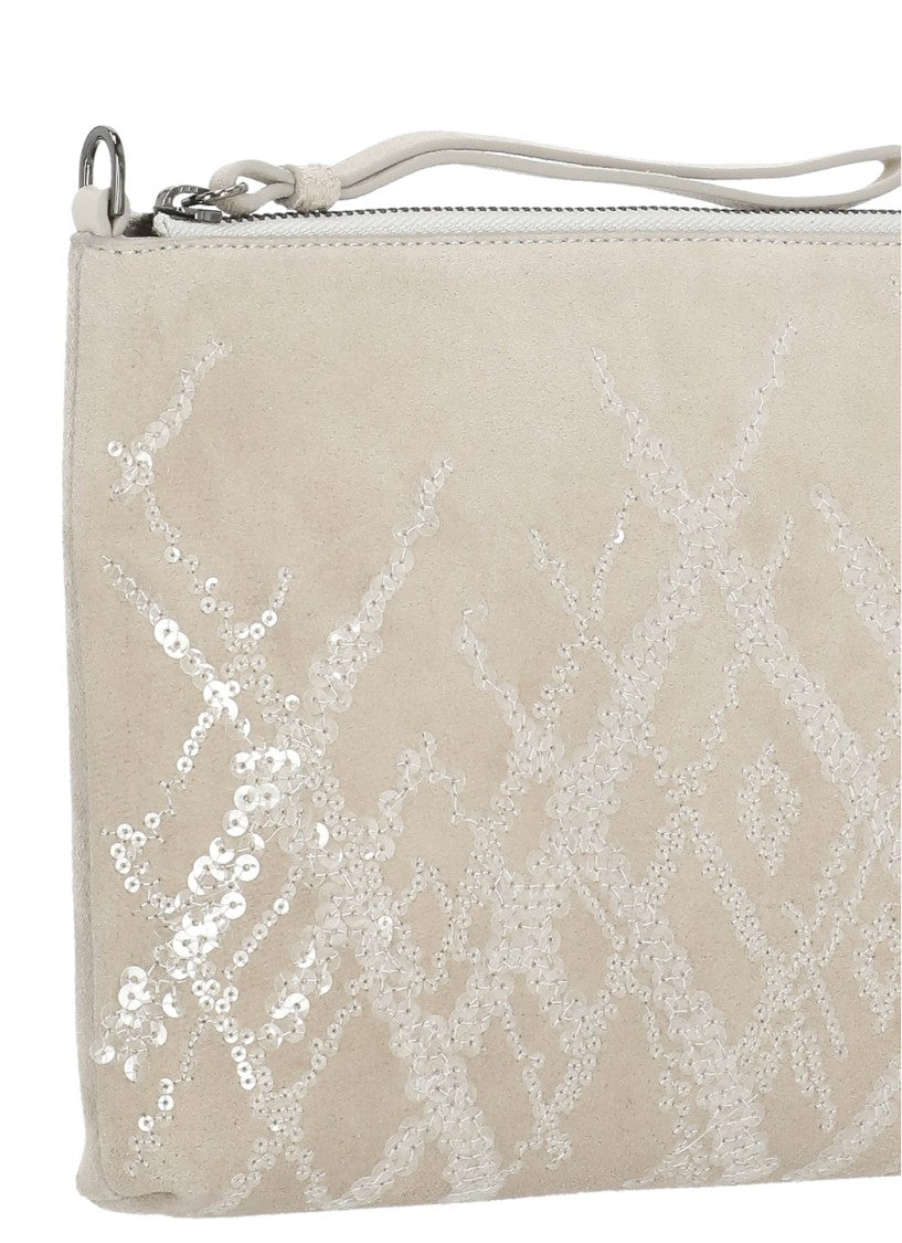 Panicale Rectangular Beige Leather Pochette With Geometric Sequin Design