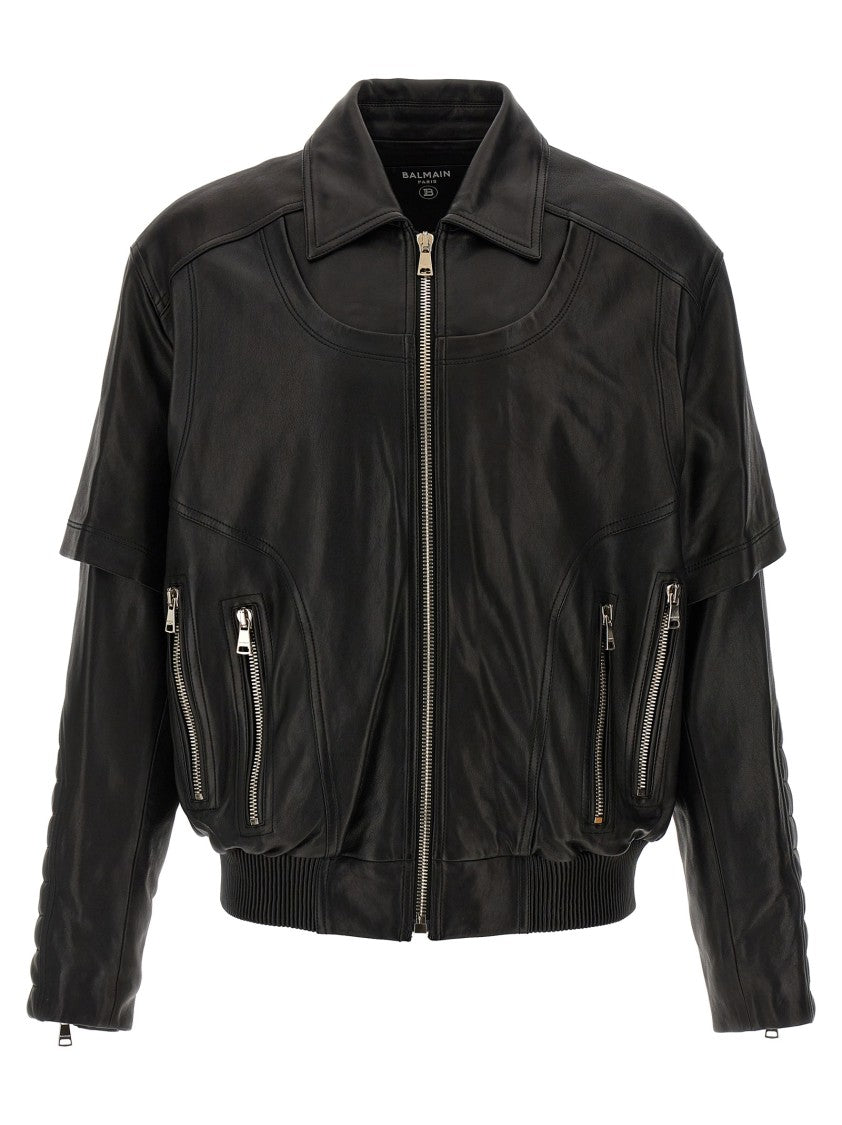 Balmain Layered Black Leather Jacket With Quilted Detailing