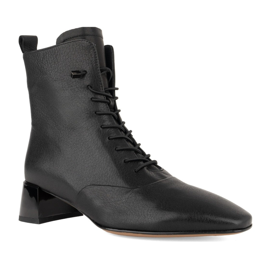 Linda Baumann Black Pointed Toe Low Glossy Heel Leather Ankle Boots