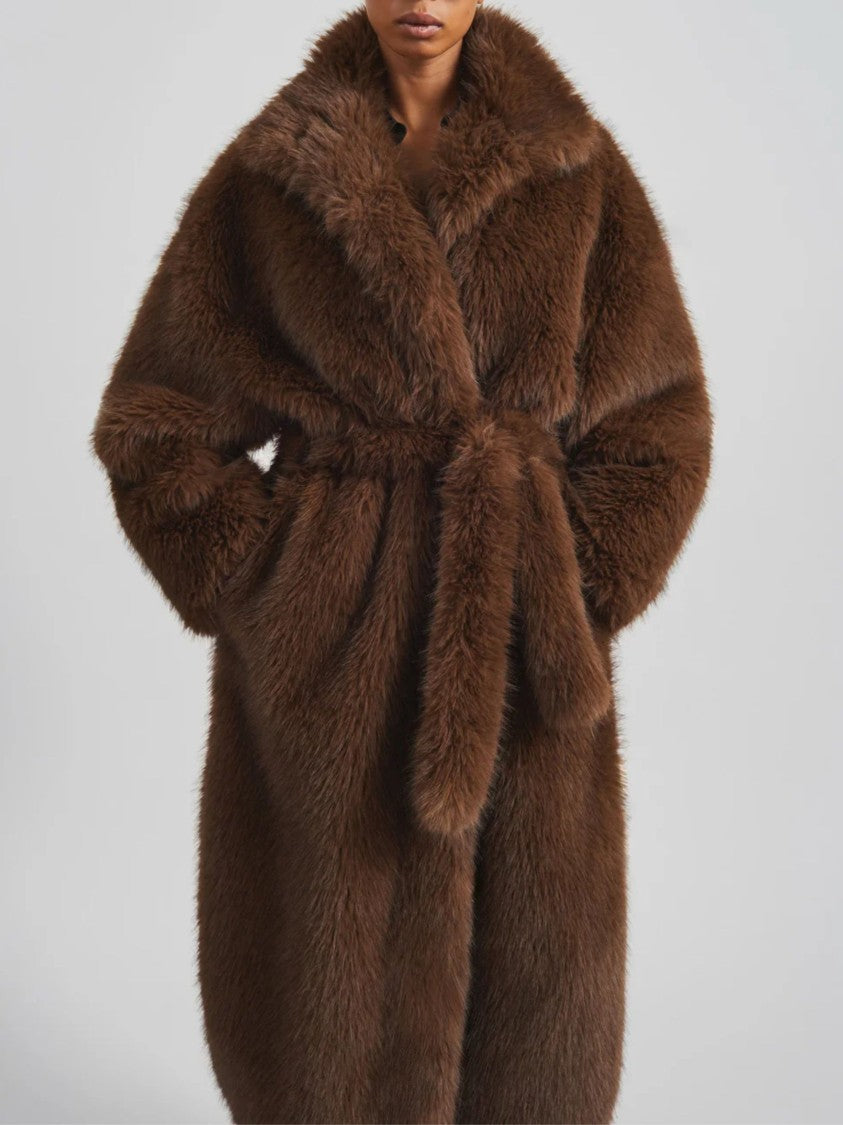 The Frankie Shop Brown High Collar Faux Fur Coat