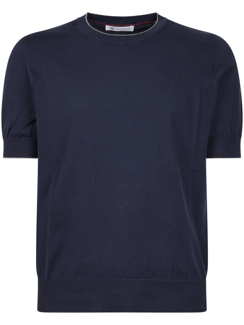 Brunello Cucinelli Short-Sleeved Deep Navy Knit Top