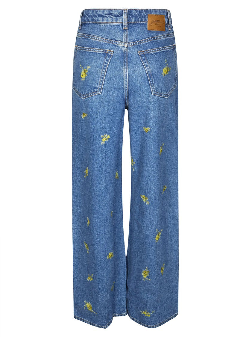 Ganni Mid-Blue Flower Printed Baggy Jeans