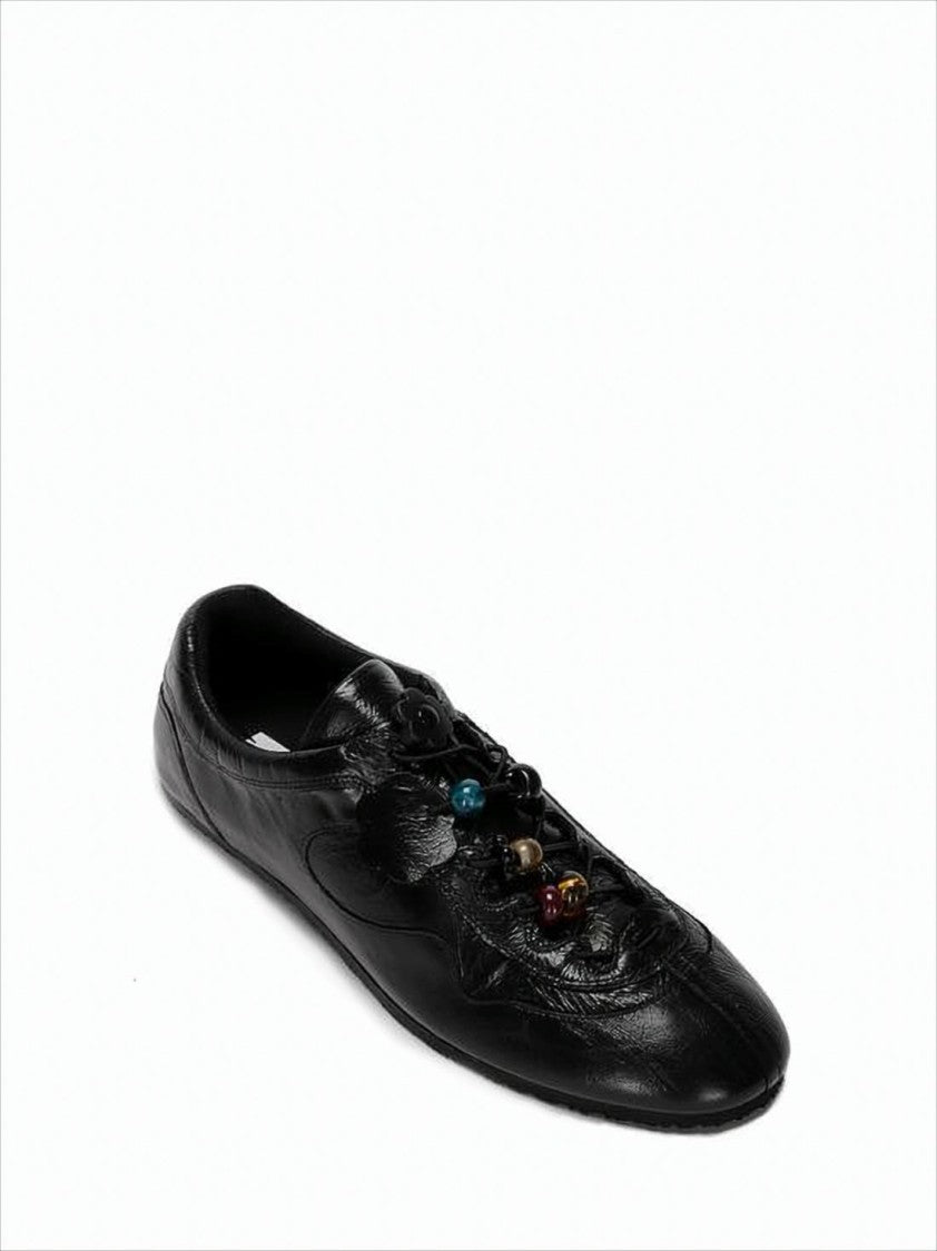 Cecilie Bahnsen Pointed Toe Black Cowhide Flats With Floral Appliqués