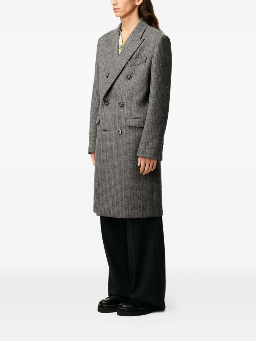 Ami Paris Double-Breasted Herringbone Wool Coat With Peak Lapels