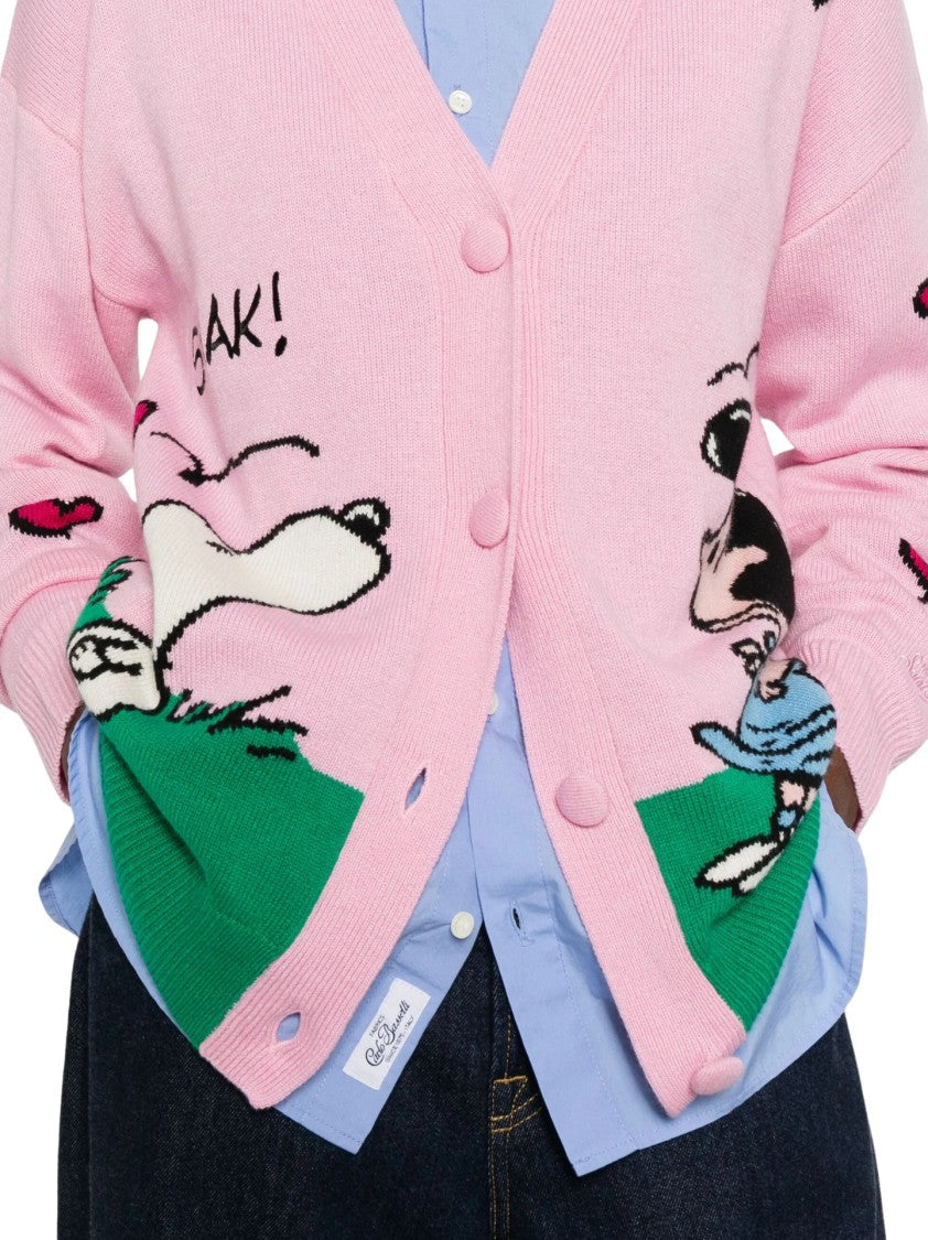 Mc2 Saint Barth Playful Cartoon Design Pink Cardigan With Button-Up Front