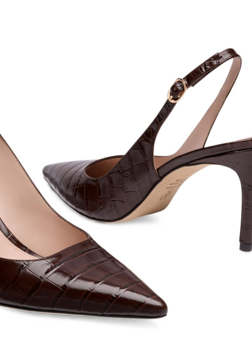 Stuart Weitzman Black Pointed Toe Crocodile-Embossed Slingback