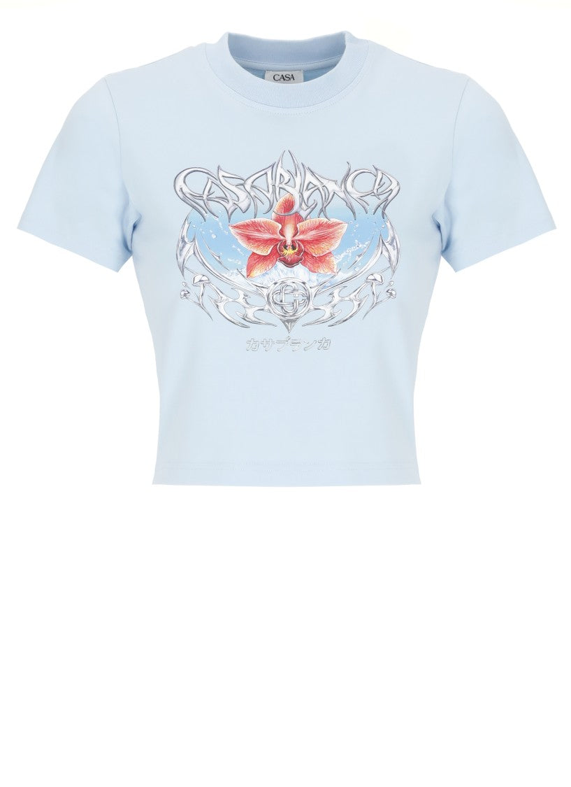 Casablanca Light Blue Cropped Cotton T-Shirt With Floral Graphic Print