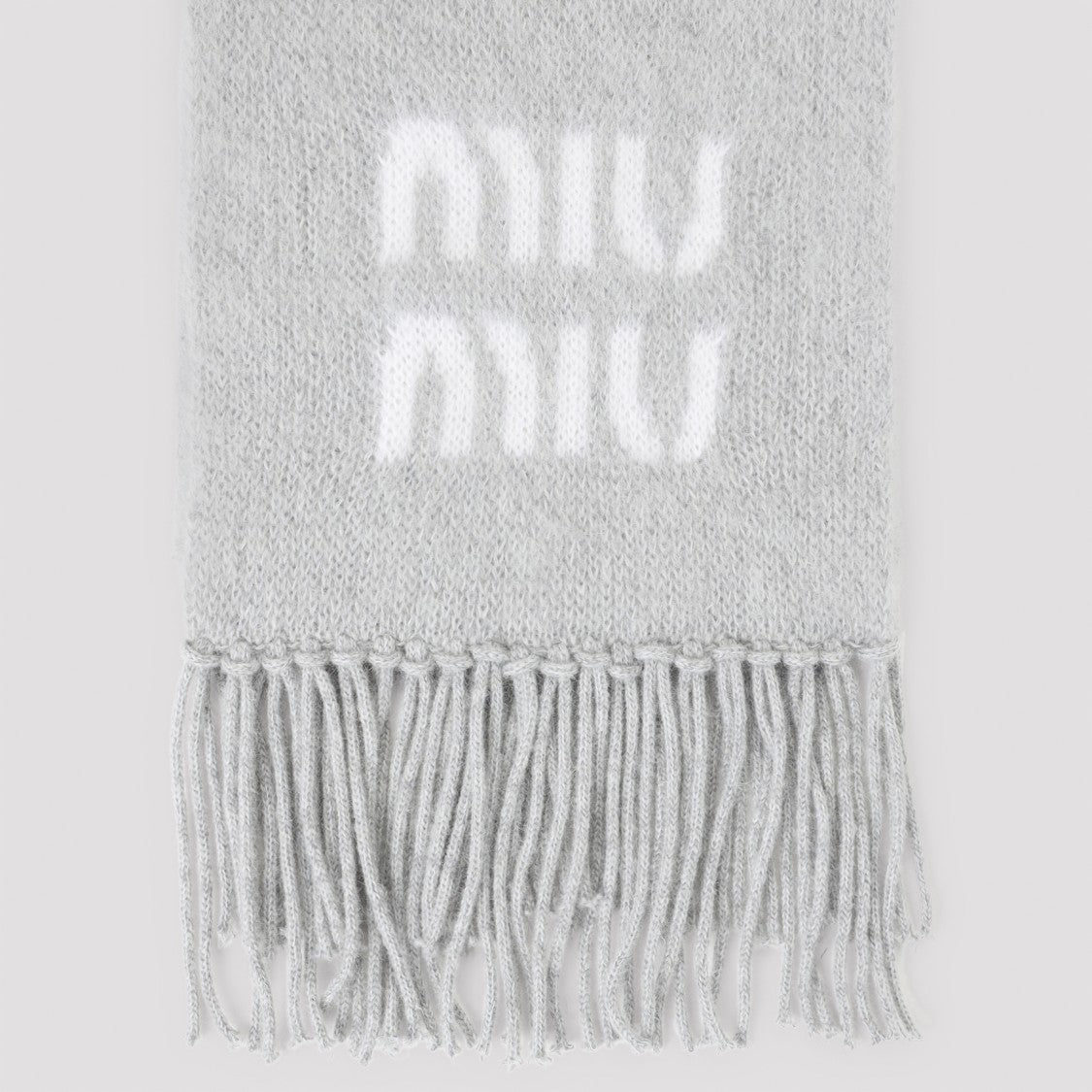 Miu Miu Fringed Grey Mohair Blend Scarf With Contrasting Logo
