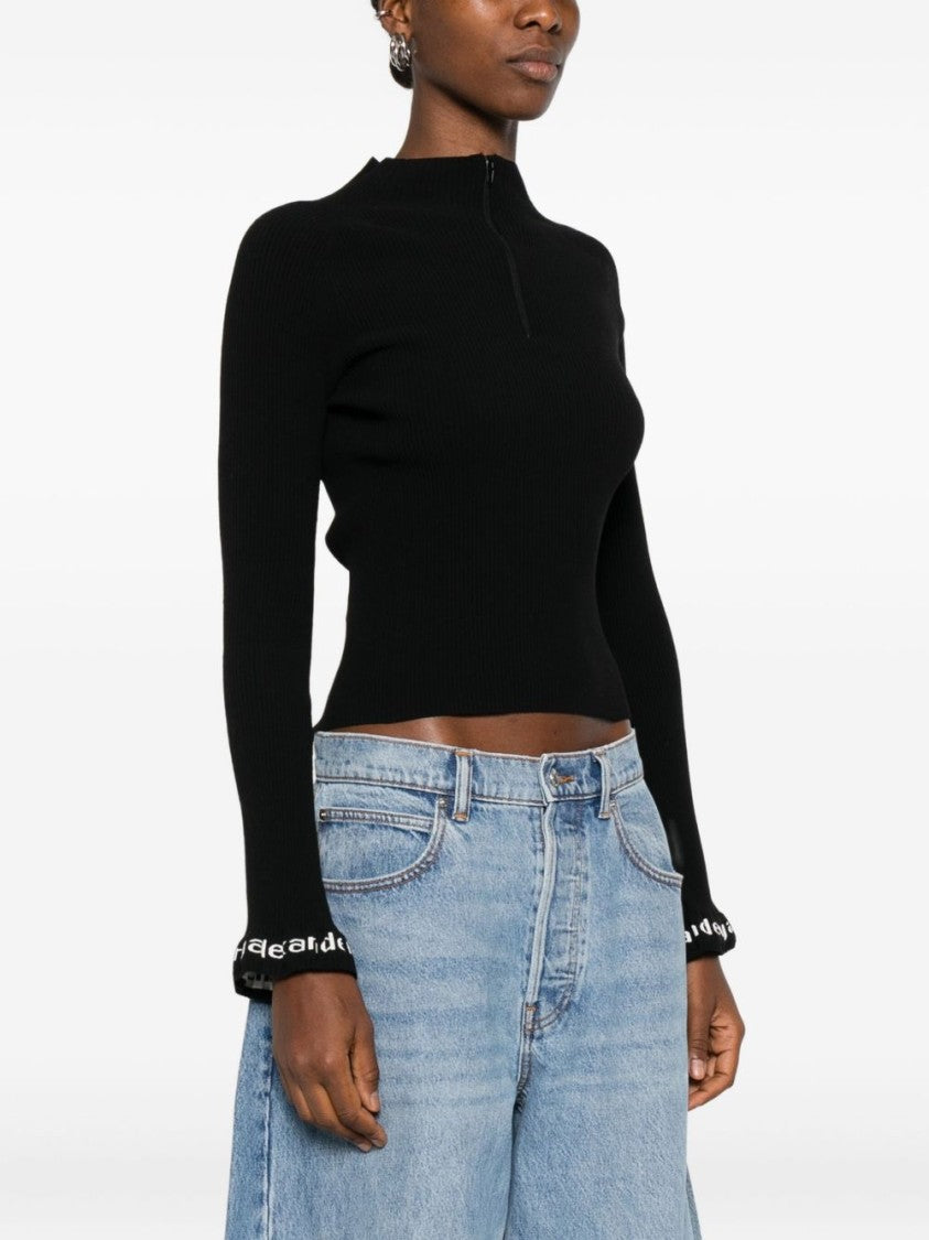 Alexander Wang Fitted Black Ribbed Sweater With Mock Neck