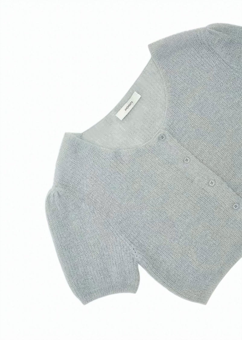 Amomento Cropped Knit Sweater With Puff Sleeves And Button-Down Front