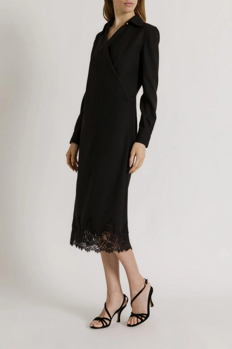 Alberta Ferretti Black Wrap-Front Scalloped Lace Hem Polyester-Wool Day Dress