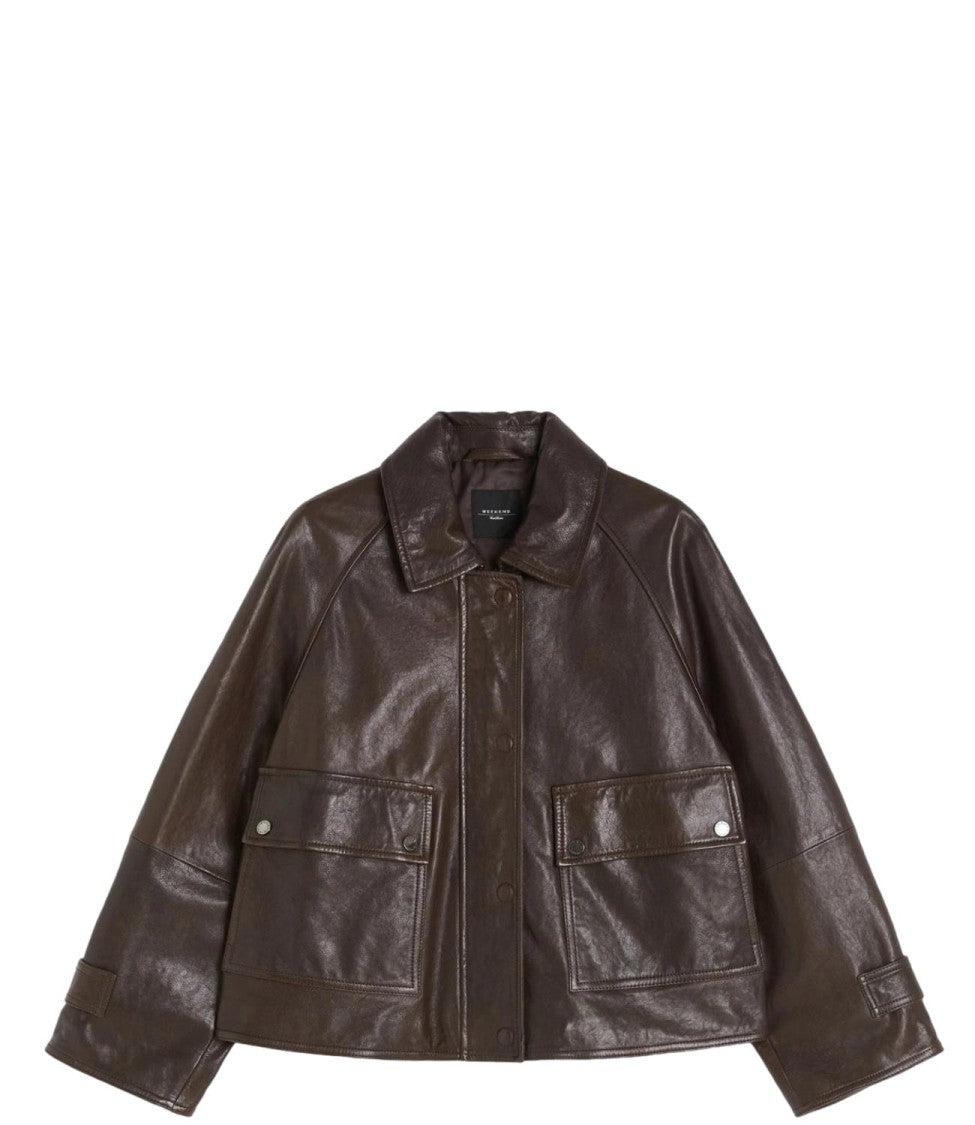 Max Mara Dark Brown Leather Jacket With Classic Collar