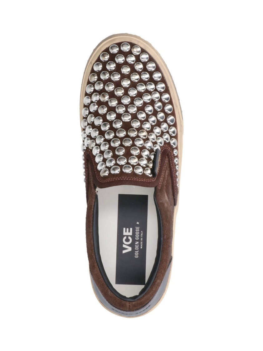 Golden Goose Slip-On Brown Suede Sneakers With Silver-Tone Studs