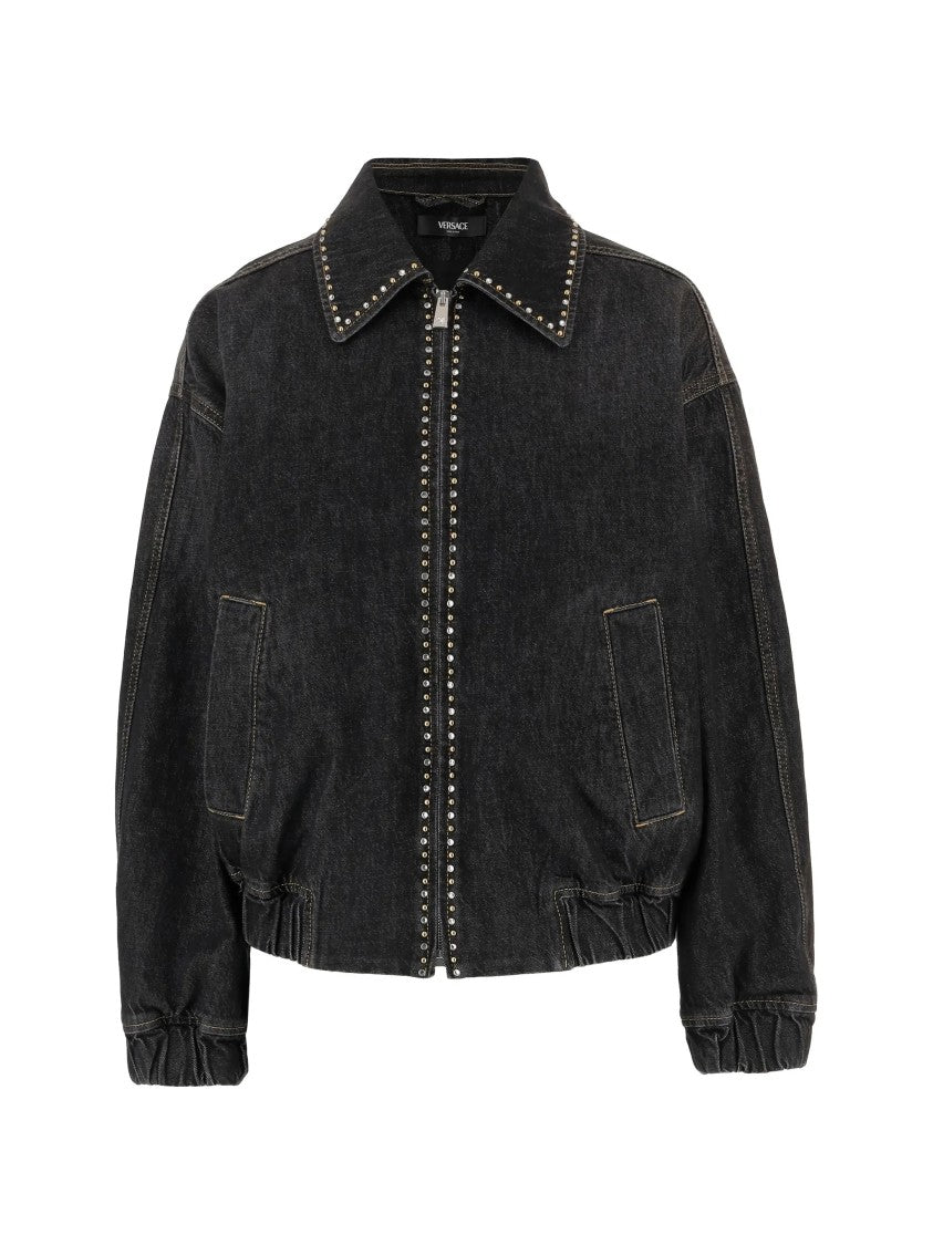 Versace Black Blouson Denim Studded Relaxed Jacket