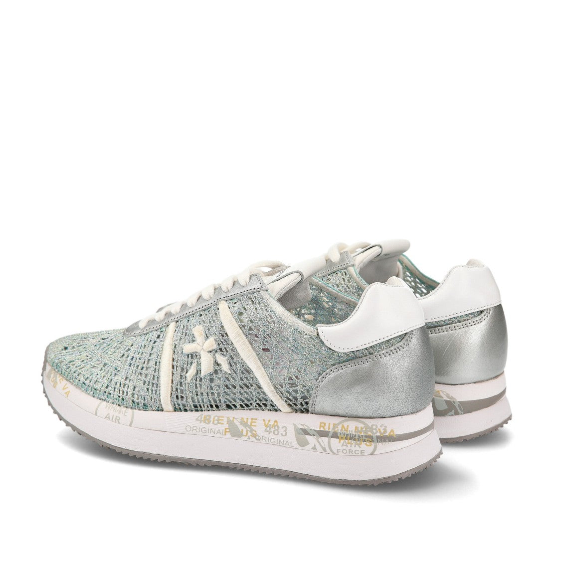 Premiata Light Blue Gray Crochet Fabric Conny Sneakers