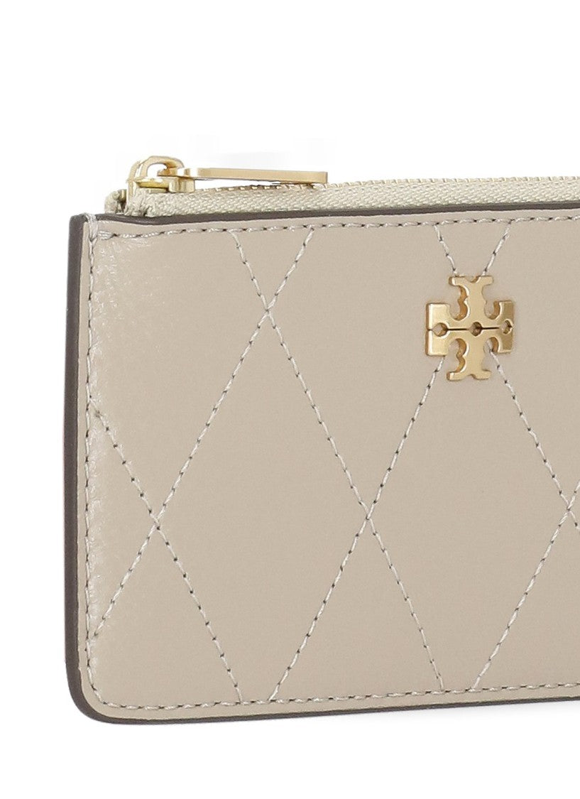 Tory Burch Beige Quilted Leather Gold Logo Card Holder