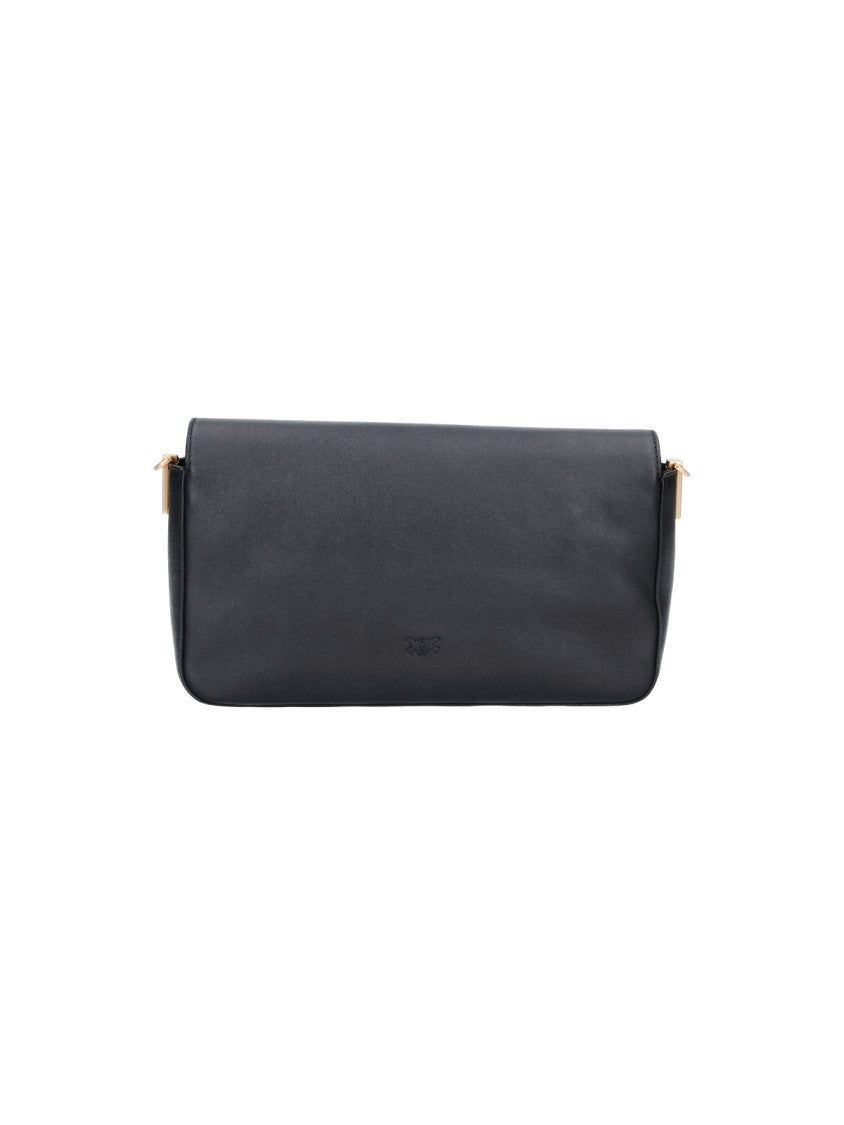 Pinko Black Leather Love Birds Flap Shoulder Bag