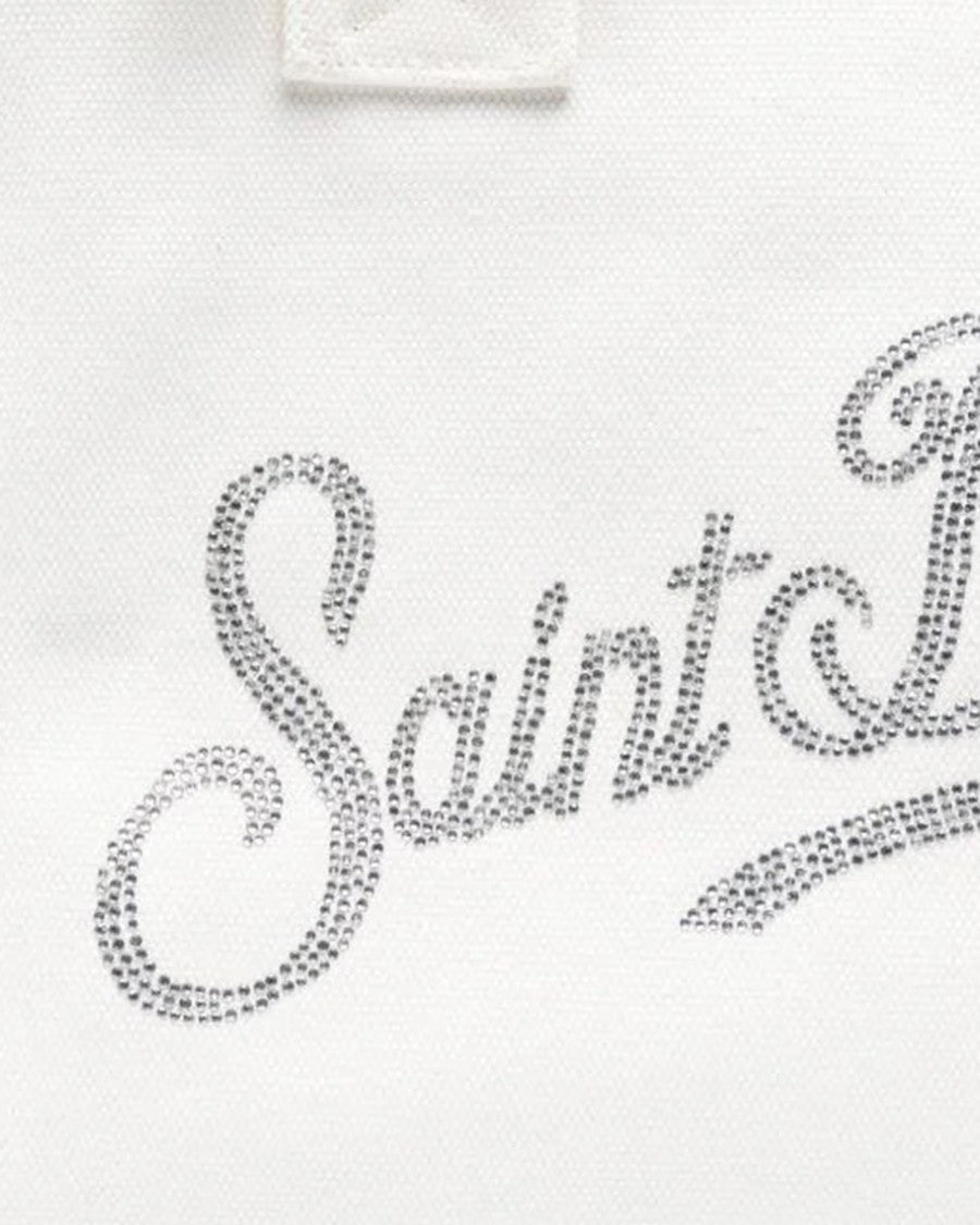 Mc2 Saint Barth Fringed Cotton Canvas Tote With Rhinestone Logo