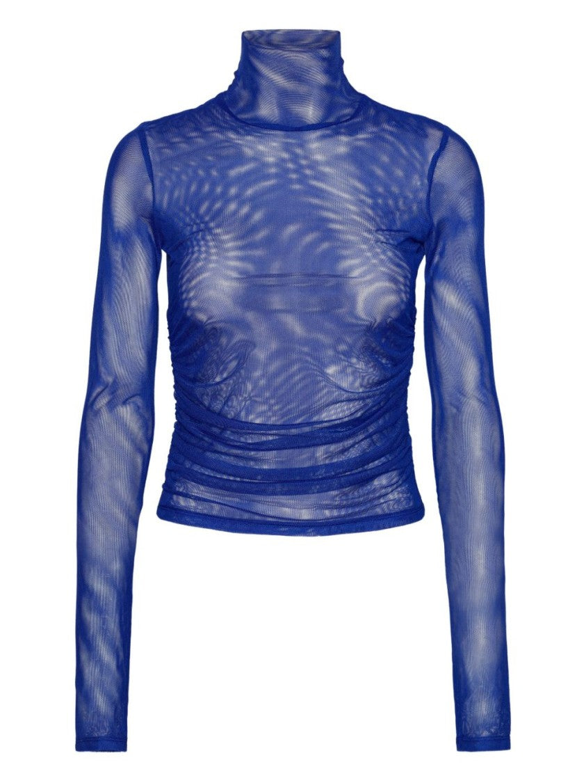 Rotate Long-Sleeved Sheer Turtleneck Top With Textured Ruching