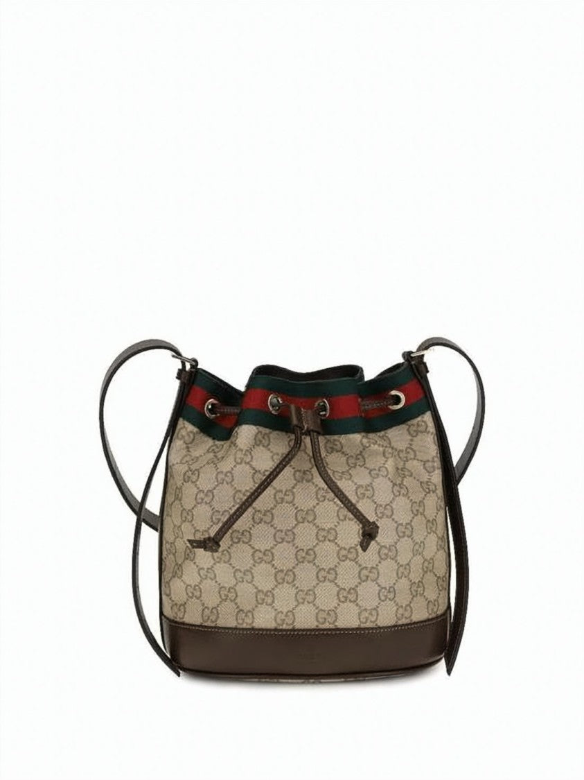 Gucci Canvas Bucket Shoulder Bag With Monogram Pattern And Leather Accents