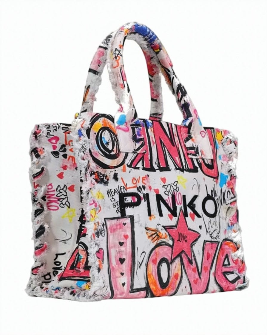 Pinko White Beach Shopper Canvas Print Bag