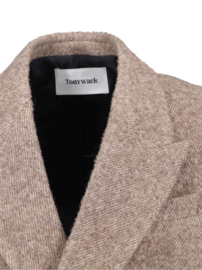 Tonywack Double-Breasted Beige Wool Coat With Herringbone Texture