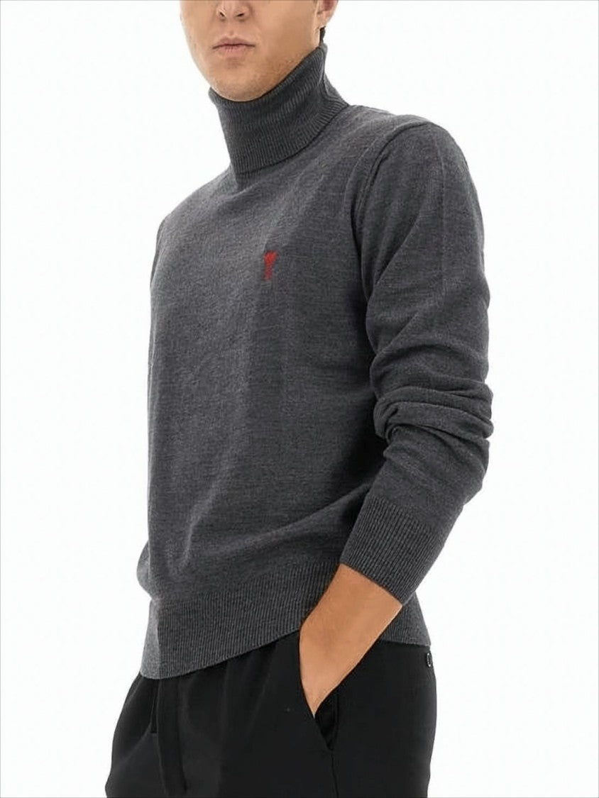 Ami Refined Merino Wool Turtleneck Sweater With Subtle Embroidery