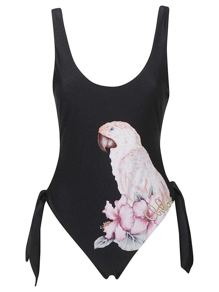 Chloé Black Nylon Parrot One-Piece Swimsuit