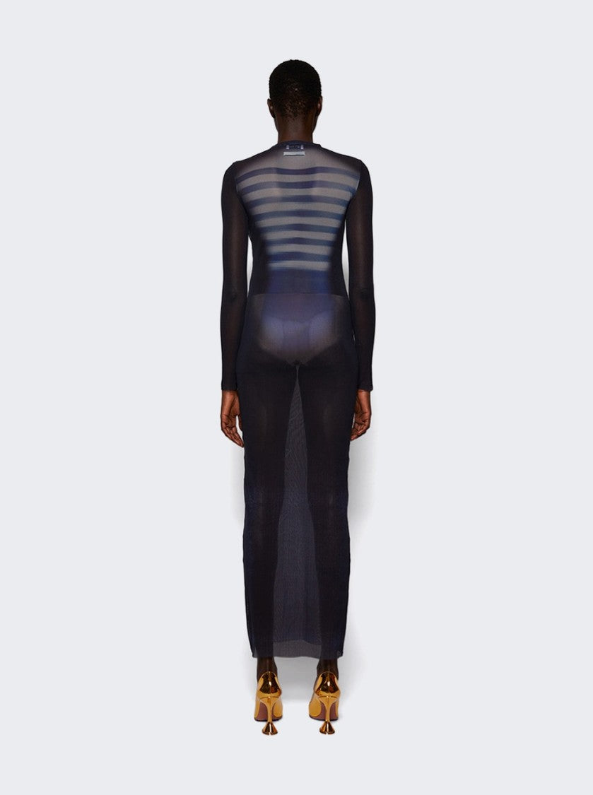 Jean Paul Gaultier Le Male Printed Mesh Crew Neck Long Dress Navy