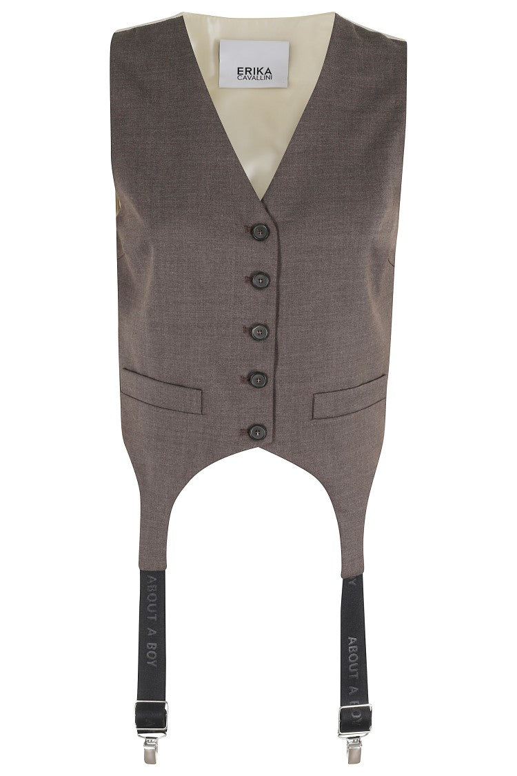 Erika Cavallini V-Neck Taupe Wool Tailored Gilet With Logo Suspenders