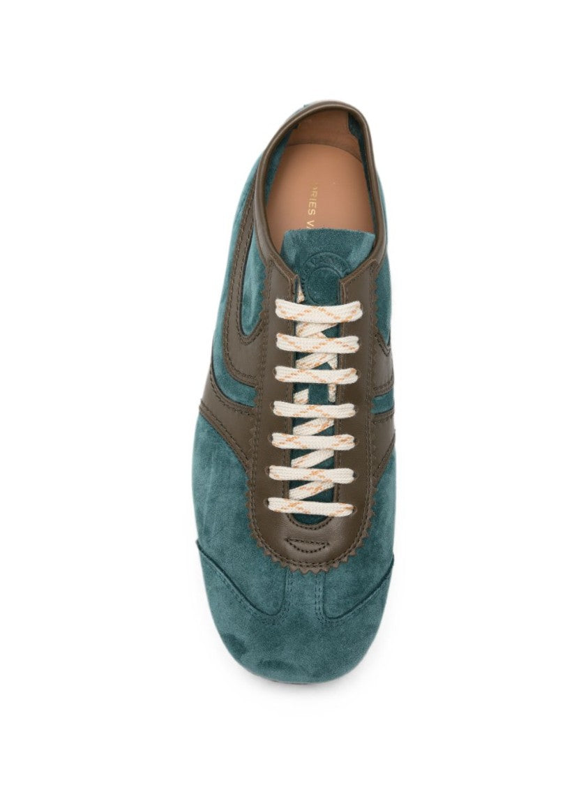 Dries Van Noten Teal Suede And Dark Brown Leather Sneakers With Minimalist Design
