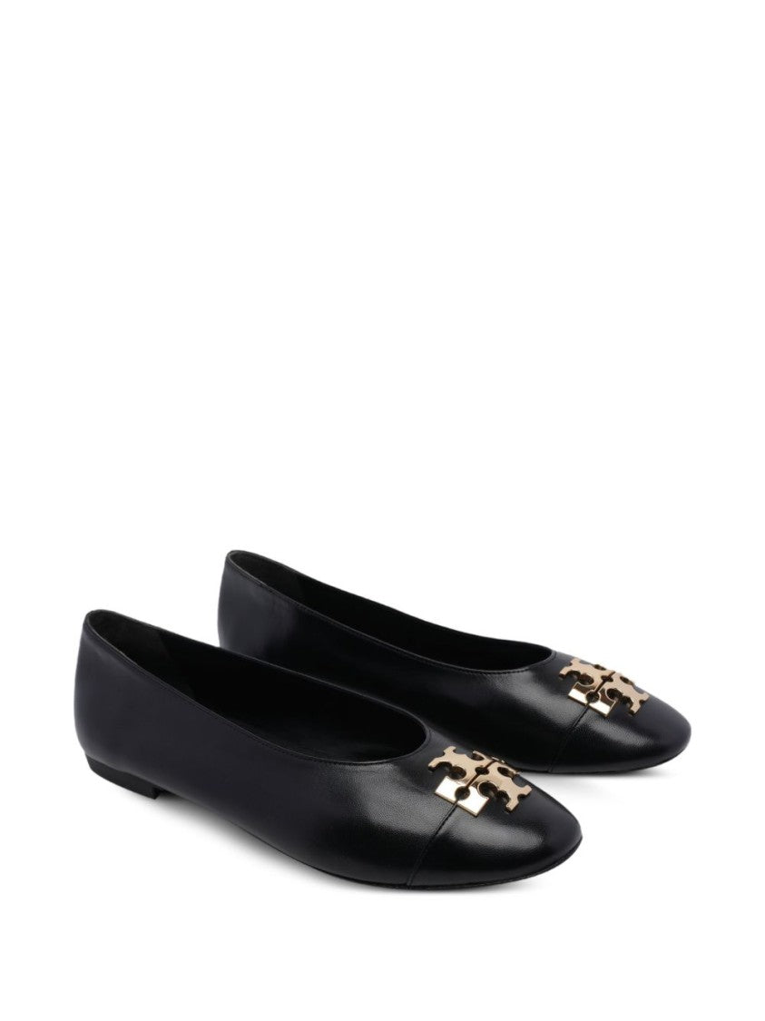 Tory Burch Black Pointed Toe Metallic Logo Detail Flats