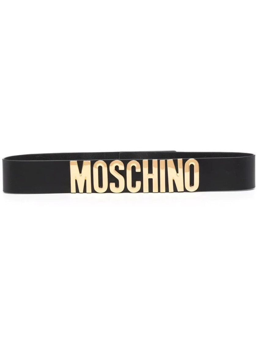 Moschino Black Leather Belt With Bold Gold-Tone Lettering