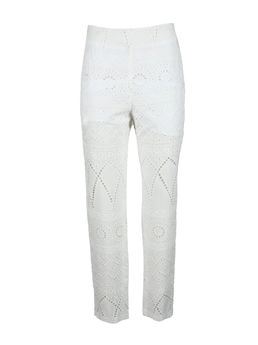 Giulia N Cropped White Cotton Trousers With Eyelet Embroidery
