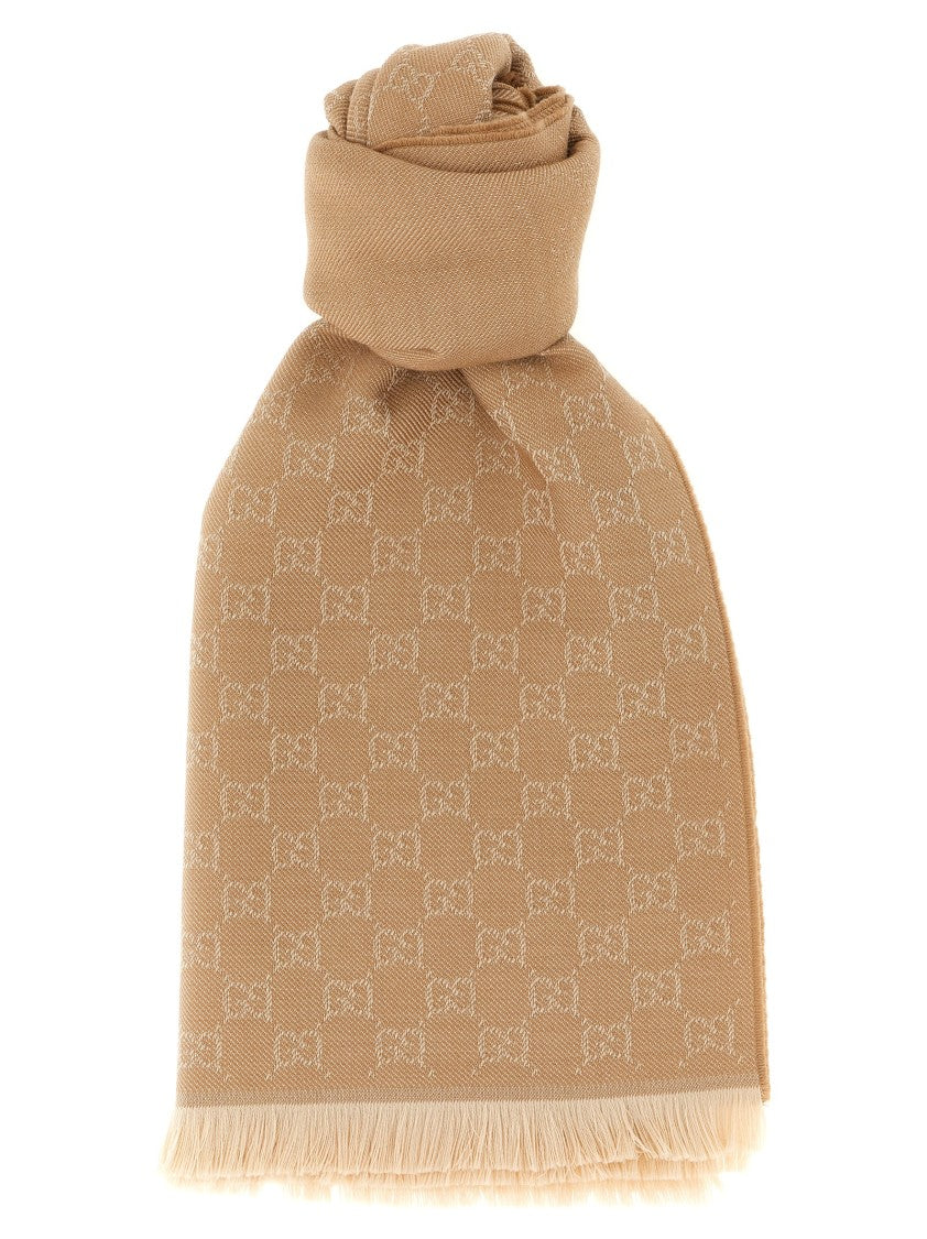 Gucci Gg Jacquard Wool Scarf With Fringed Edges