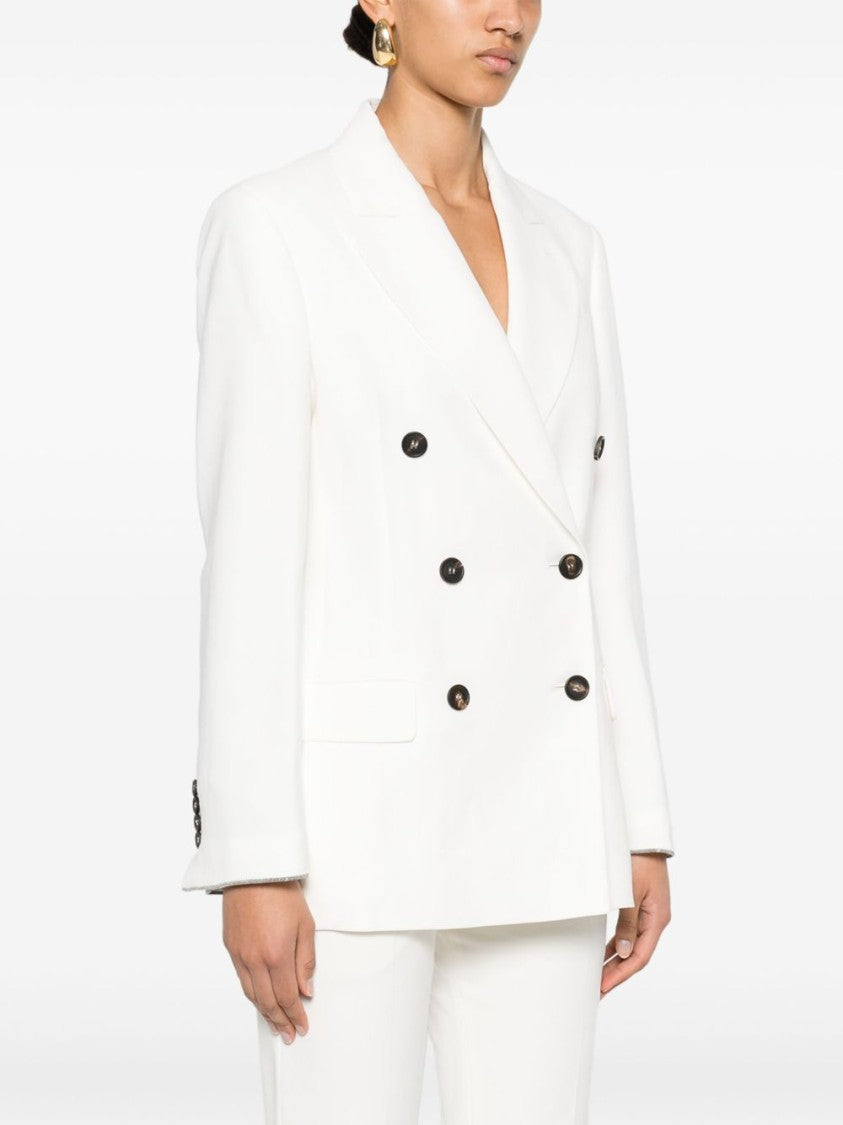 Brunello Cucinelli Tailored Light Beige Double-Breasted Blazer With Buttoned-Cuff Sleeves