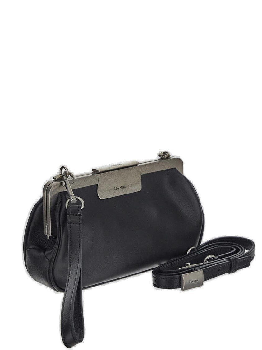 Max Mara Rounded Black Leather Clutch With Metallic Clasp