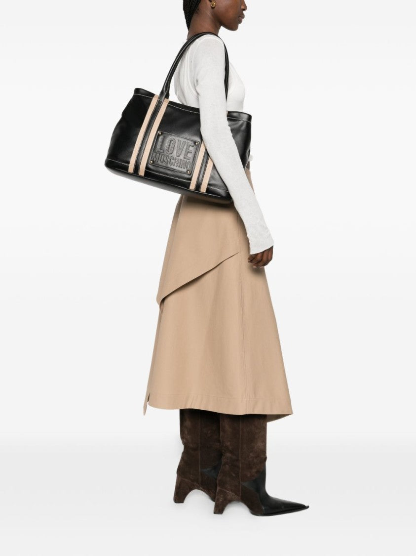 Love Moschino Sleek Black Tote Bag With Beige Stripes And Embossed Detail
