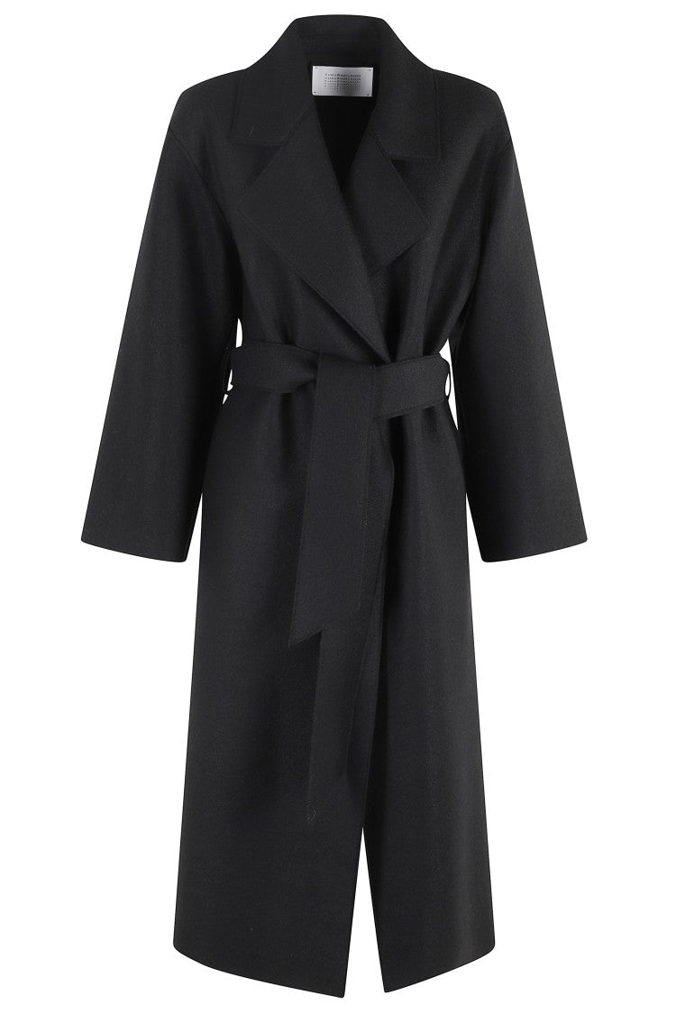 Harris Wharf London Belted Black Coat With Classic Revers Collar