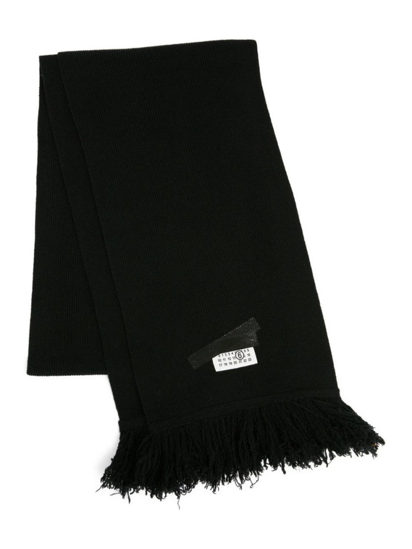 Mm6 By Maison Margiela Black Ribbed Texture Scarf With Fringed Edges