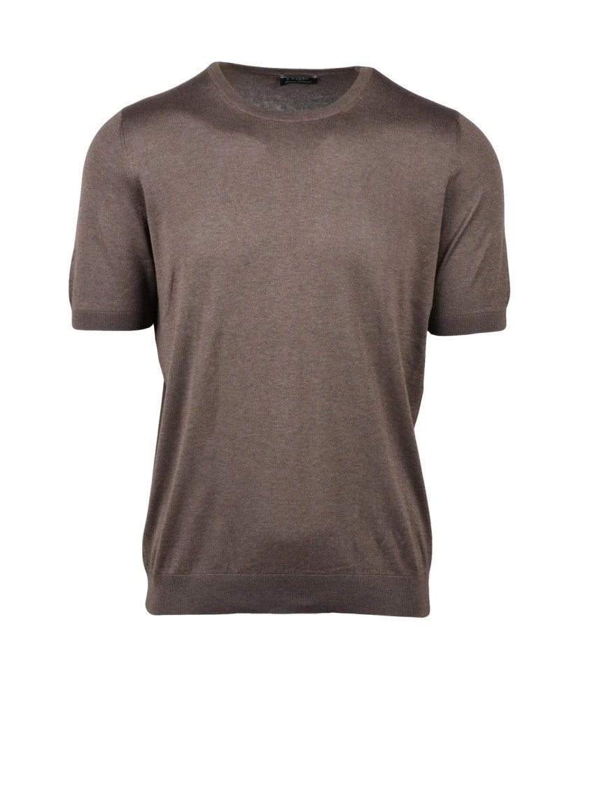 Barba Napoli Brown Silk Crew Neck Short-Sleeve Knit Top